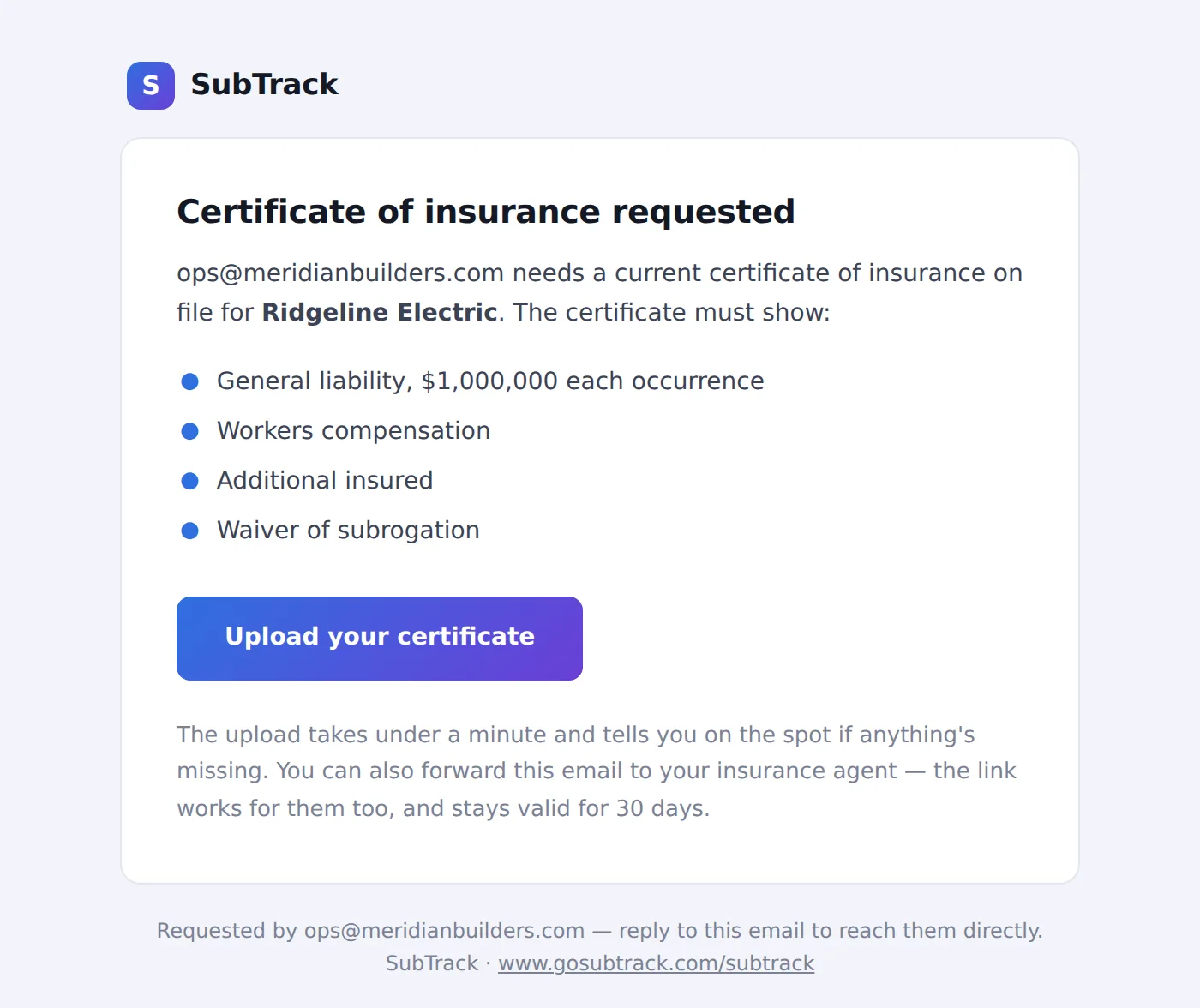 The email a subcontractor receives: heading "Certificate of insurance requested", a bulleted list of exactly what the certificate must show, and an "Upload your certificate" button. No account signup is mentioned.